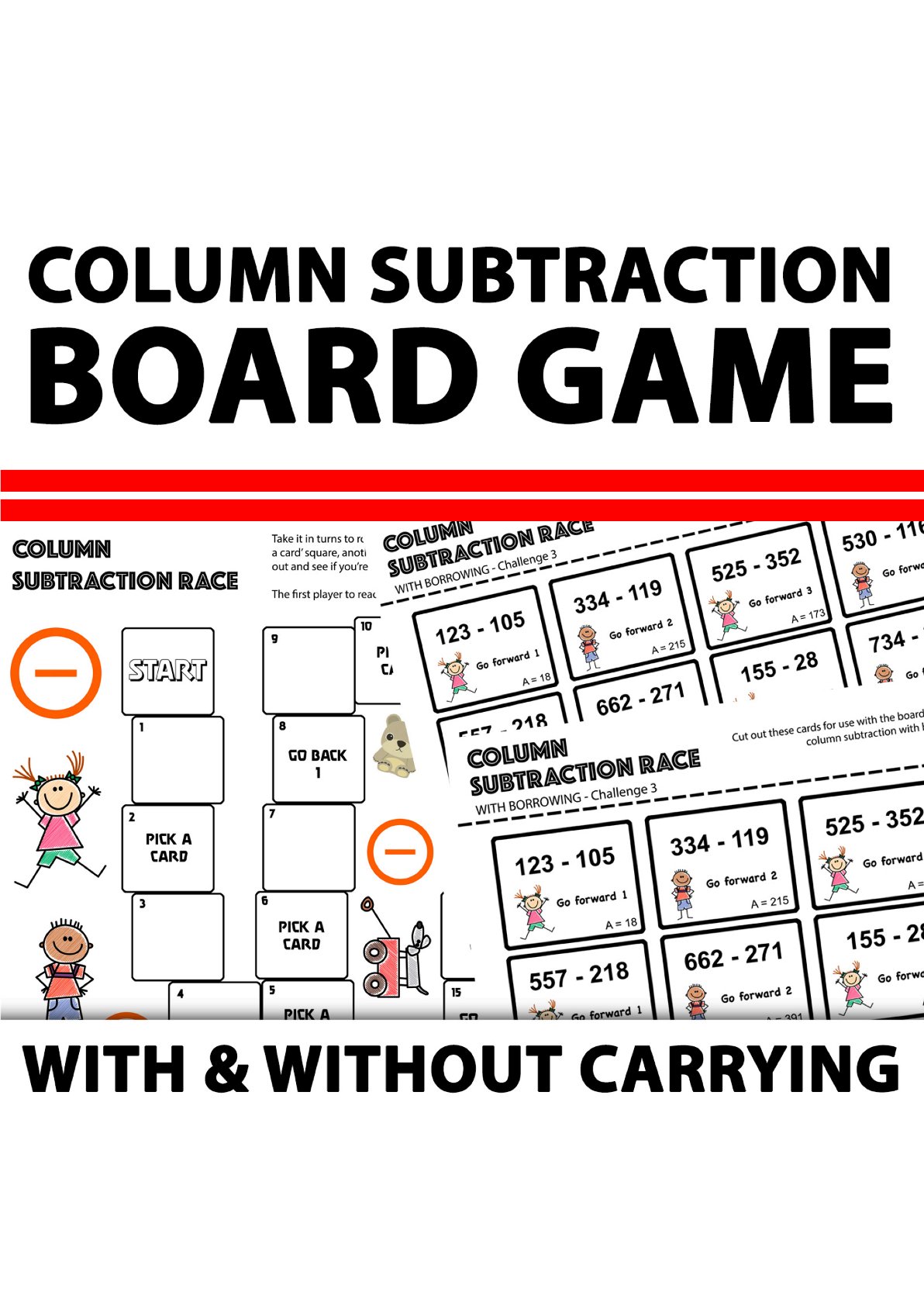 Column Subtraction With and Without Carrying Board Game