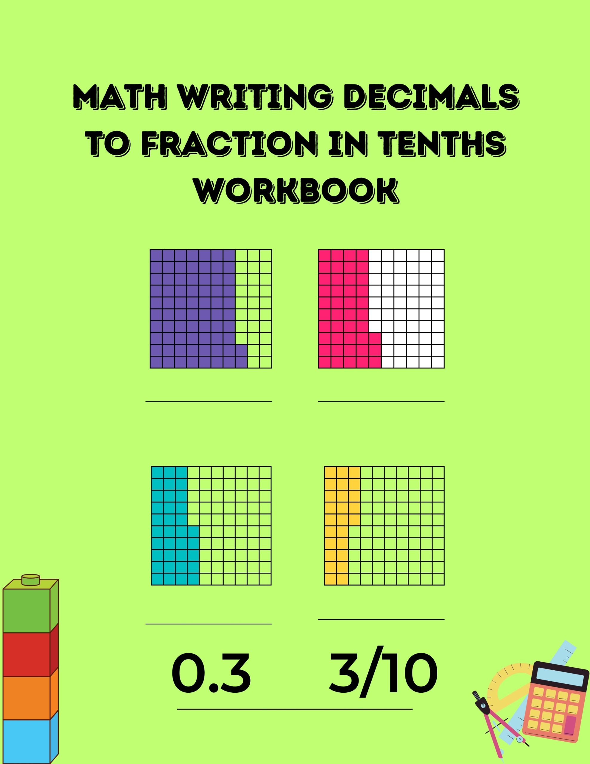 Math Writing Decimals to Fraction in tenths Workbook