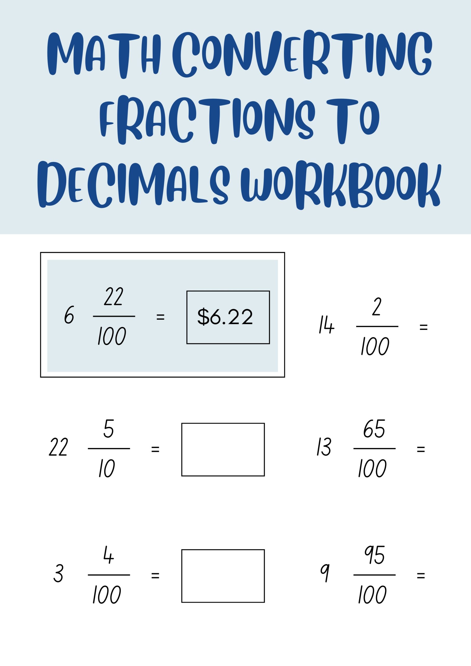 Math Converting Fractions to Decimals Workbook