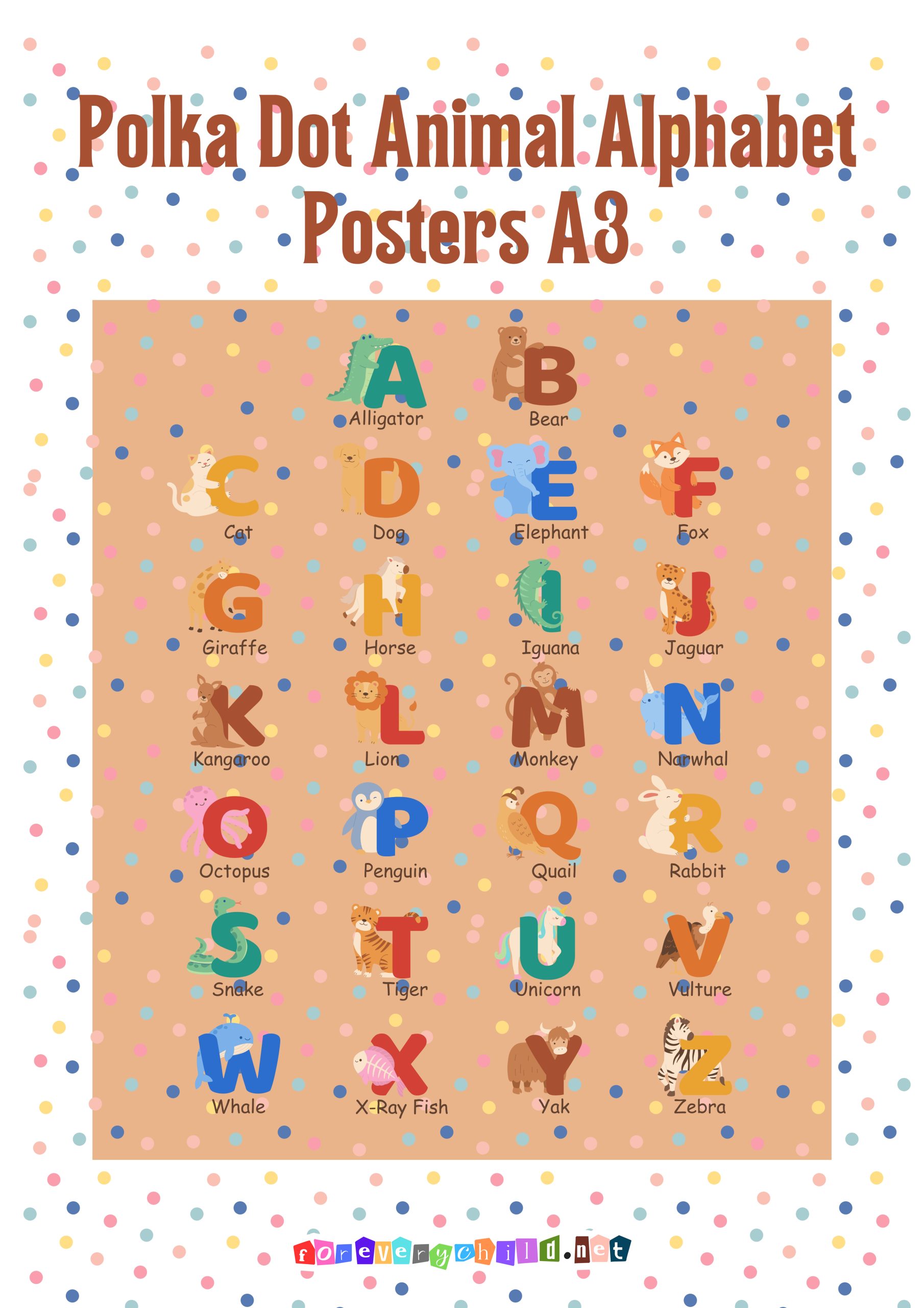 Polka Dot Animal Alphabet Posters A3