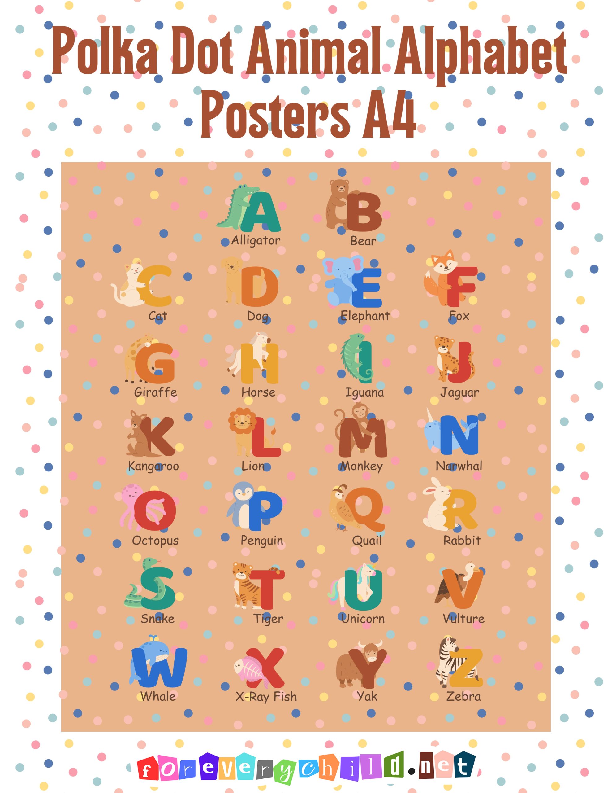 Polka Dot Animal Alphabet Posters A4